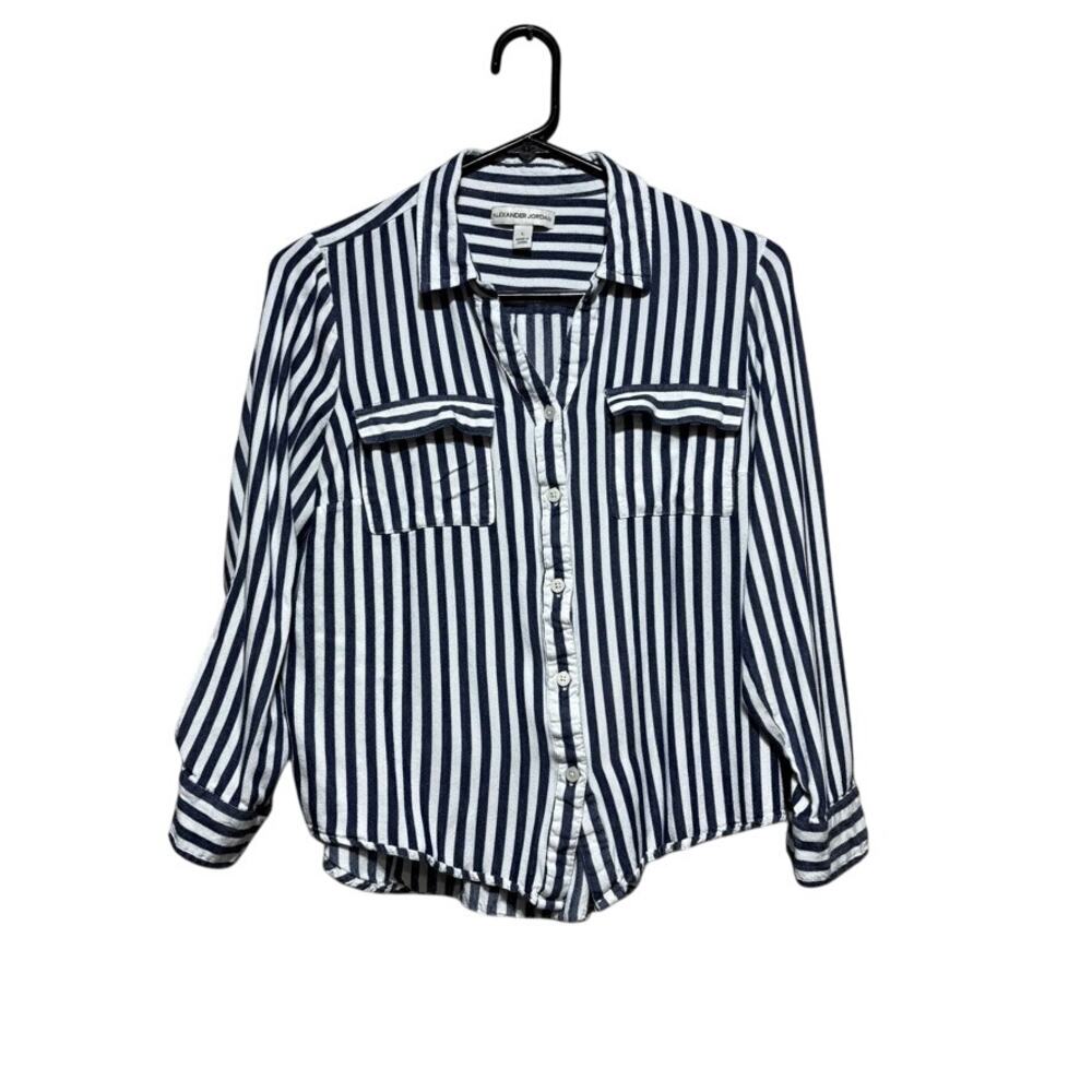 Alexander Jordan Womens Large 100% Rayon Navy White Stripe Button Shirt Pockets